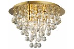 Lampa sufitowa London Crystal 3xE14 w kolorze złotym. Okrągła podsufitka z metalicznym wykończeniem, z wiszącymi kryształowymi kulami i koralikami, tworzącymi efektowne oświetlenie. Widoczna żarówka w centralnej części.