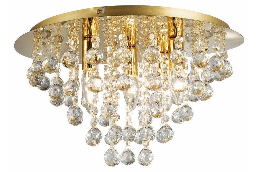 Złota lampa sufitowa London Crystal z pięcioma gniazdami E14. Okrągła podstawa, ozdobiona kryształowymi kulami i łańcuszkami, tworzy elegancki efekt świetlny. Lampa wisząca, idealna do nowoczesnych wnętrz.