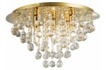 Złota lampa sufitowa London Crystal z pięcioma gniazdami E14. Okrągła podstawa, ozdobiona kryształowymi kulami i łańcuszkami, tworzy elegancki efekt świetlny. Lampa wisząca, idealna do nowoczesnych wnętrz.
