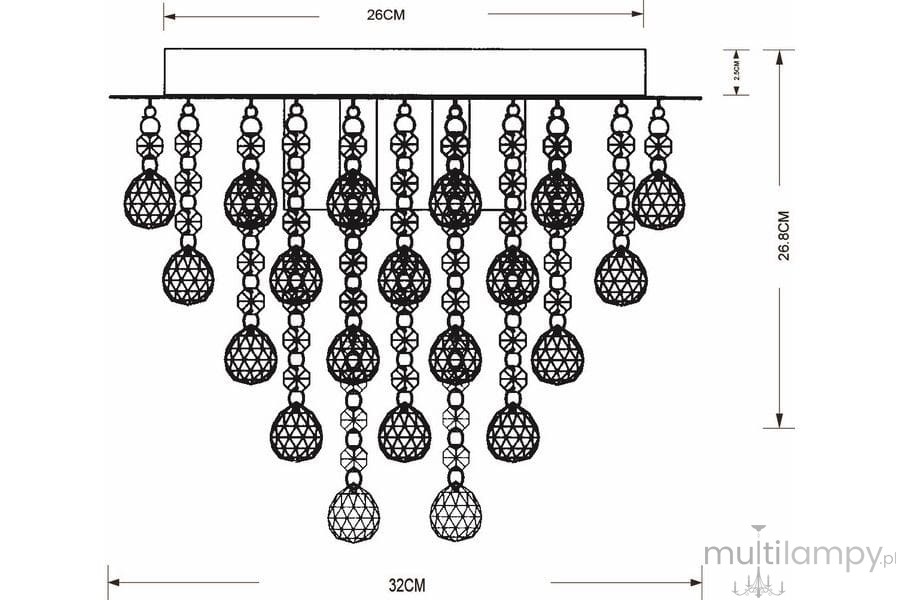 Lampa sufitowa Lancaster Crystal z trzema miejscami na żarówki E14 w kolorze złotym. Kształt prostokątny, z wiszącymi dekoracyjnymi elementami w formie siatkowych kul. Wymiary: 32 cm szerokości, 26 cm długości, 26,8 cm wysokości.