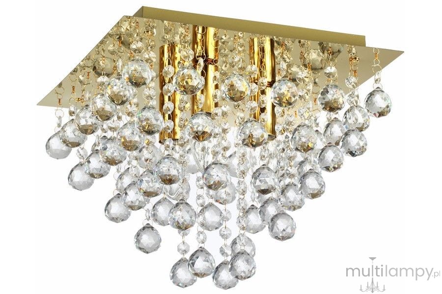 Lampa sufitowa Lancaster Crystal 3xE14 w kolorze złotym, z kwadratowym, błyszczącym plafonem. Zawiera wiszące, przezroczyste kryształy w kształcie kropli, które tworzą efektowną dekorację świetlną.