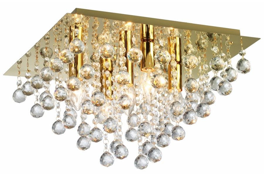 Lampa sufitowa Lancaster Crystal z pięcioma oprawami E14, w złotym kolorze. Kwadratowa, lśniąca podstawa z wiszącymi kryształowymi elementami, odbijającymi światło, tworzącymi efektowną dekorację.