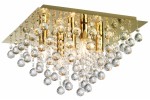 Lampa sufitowa Lancaster Crystal z pięcioma oprawami E14, w złotym kolorze. Kwadratowa, lśniąca podstawa z wiszącymi kryształowymi elementami, odbijającymi światło, tworzącymi efektowną dekorację.