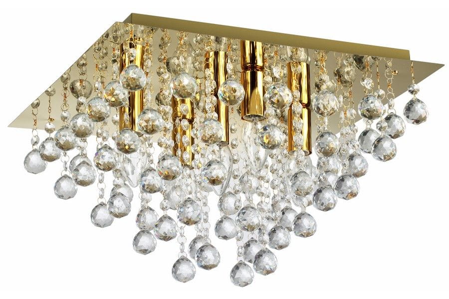 Lampa sufitowa Lancaster Crystal z pięcioma oprawami E14, w złotej obudowie. Ozdobiona wiszącymi kryształkami, tworzącymi efektowny, lśniący wzór. Ujęcie z boku, ukazujące detale lampy i kryształowe zawieszenia.