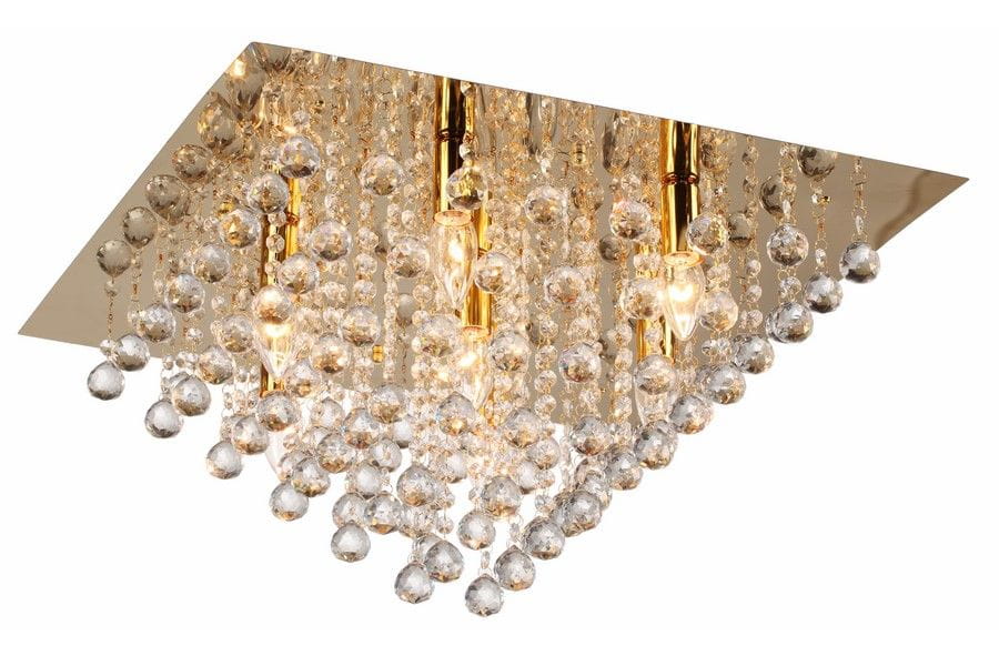 Lampa sufitowa Lancaster Crystal z siedmioma lampkami E14, złota konstrukcja z błyszczącej stali, ozdobiona szklanymi kryształkami w różnych rozmiarach, wisząca w kaskadowym stylu, umieszczona na kwadratowej podstawie.