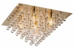 Lampa sufitowa Lancaster Crystal z siedmioma lampkami E14, złota konstrukcja z błyszczącej stali, ozdobiona szklanymi kryształkami w różnych rozmiarach, wisząca w kaskadowym stylu, umieszczona na kwadratowej podstawie.