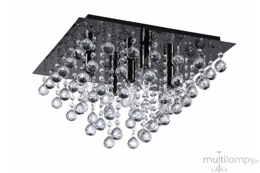 Lampa sufitowa Lancaster Crystal w czarnym chromie, z pięcioma miejscami na żarówki E14. Posiada ozdobne kryształy w różnych kształtach, zawieszone na łańcuszkach, tworzące efektowną kompozycję. Ujęcie z boku, ukazujące detal i wykończenie.