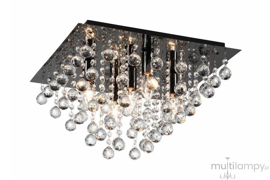 Lampa sufitowa Lancaster Crystal, czarna chromowana, z pięcioma oprawami E14. Kwadratowa podstawa z wiszącymi kryształowymi elementami, tworzącymi efektowną dekorację świetlną, w zbliżeniu na detale kryształów.