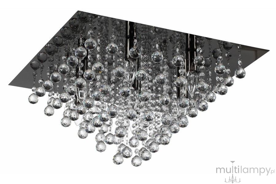 Lampa sufitowa Lancaster Crystal o kwadratowej, chromowanej podstawie, z siedmioma źródłami światła E14, ozdobiona kryształowymi kuleczkami zwisającymi na cienkich łańcuszkach, tworząc efektowną kompozycję.