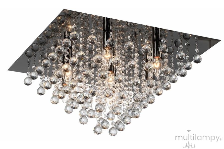 Lampa sufitowa Lancaster Crystal z siedmioma miejscami na żarówki E14, w kolorze czarnym chromowanym. Posiada kryształowe elementy w formie wiszących kul, tworząc efektowną, dekoracyjną kompozycję. Ujęcie z dołu, ukazujące szczegóły zawieszenia.