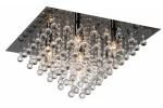 Lampa sufitowa Lancaster Crystal z siedmioma miejscami na żarówki E14, w kolorze czarnym chromowanym. Posiada kryształowe elementy w formie wiszących kul, tworząc efektowną, dekoracyjną kompozycję. Ujęcie z dołu, ukazujące szczegóły zawieszenia.