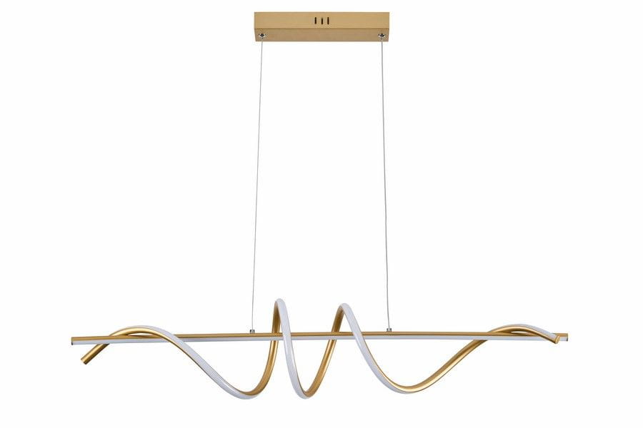 Lampa wisząca Serpent w kolorze złotym, o nowoczesnym designie z falującym kształtem. Posiada jedną żarówkę LED o mocy 34W. Montaż na suficie z widoczną metalową podsufitką. Oświetlenie w kolorze białym.