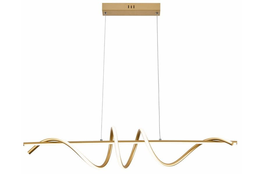 Złota lampa wisząca Serpent z jedną diodą LED o mocy 34W. Ma falisty kształt, zawieszona na cienkich linkach z sufitu. Prostokątna podsufitka w kolorze złotym, minimalistyczny design, idealna do nowoczesnych wnętrz.