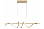 Złota lampa wisząca Serpent z jedną diodą LED o mocy 34W. Ma falisty kształt, zawieszona na cienkich linkach z sufitu. Prostokątna podsufitka w kolorze złotym, minimalistyczny design, idealna do nowoczesnych wnętrz.
