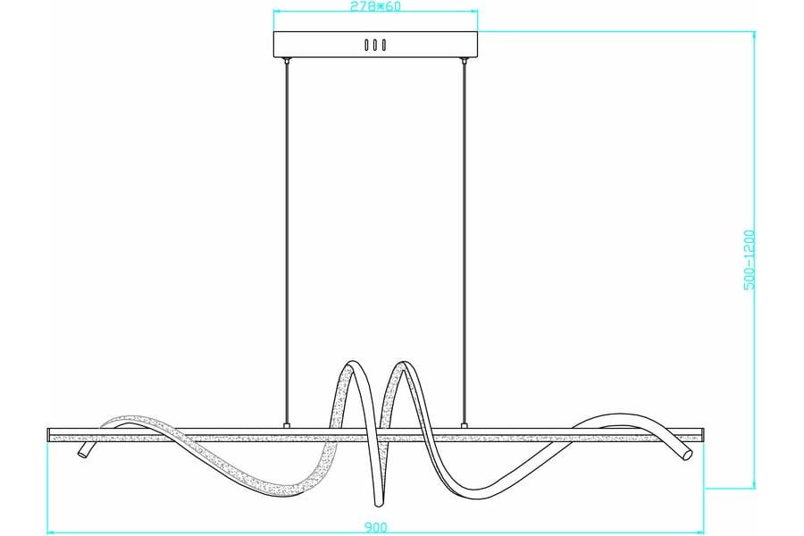 Lampa wisząca Serpent w kolorze złotym z jedną diodą LED 34W. Ułożona poziomo, z falistym kształtem, zawieszona na cienkich linkach. Wymiary: 900 mm długości, 510-1200 mm wysokości. Proste tło, bez dodatkowych elementów.