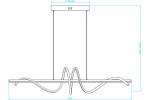 Lampa wisząca Serpent w kolorze złotym z jedną diodą LED 34W. Ułożona poziomo, z falistym kształtem, zawieszona na cienkich linkach. Wymiary: 900 mm długości, 510-1200 mm wysokości. Proste tło, bez dodatkowych elementów.