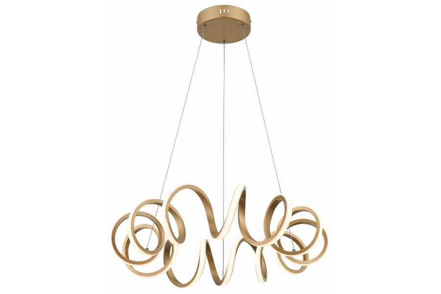Złota lampa wisząca Loop z pilotem, wyposażona w 1 żarówkę LED o mocy 40W. Składa się z dekoracyjnych, falistych elementów w kształcie okręgów. Zawieszona na cienkich linkach, z okrągłym, metalowym mocowaniem sufitowym.