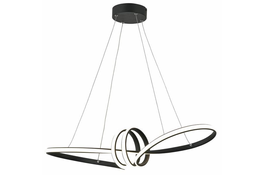 Lampa wisząca Canbera w kolorze czarnym z jednym źródłem światła LED o mocy 40W. Posiada nowoczesny, spiralny kształt z delikatnym podświetleniem, zawieszona na cienkich linkach, montowana do sufitu.