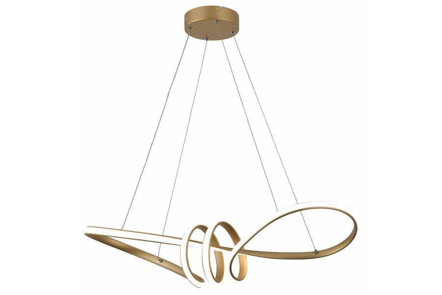 Lampa wisząca Canbera w kolorze złotym, z unikalnym, falistym kształtem. Wykonana z metalu, zawieszone na cienkich linkach. Posiada jedno źródło światła LED o mocy 40W, idealna do nowoczesnych wnętrz.