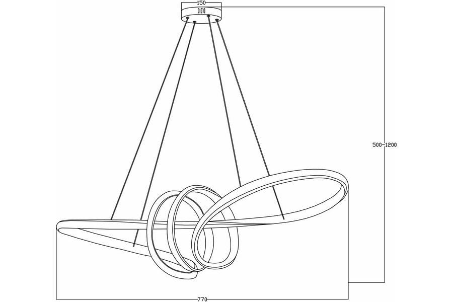 Lampa wisząca Canbera z jedną żarówką LED 40W w złotym kolorze. Wymiary: średnica 770 mm, wysokość regulowana 500-1200 mm. Kształt lampy tworzy nowoczesne, pętlowe wzory, montowana na suficie z trzema linkami.