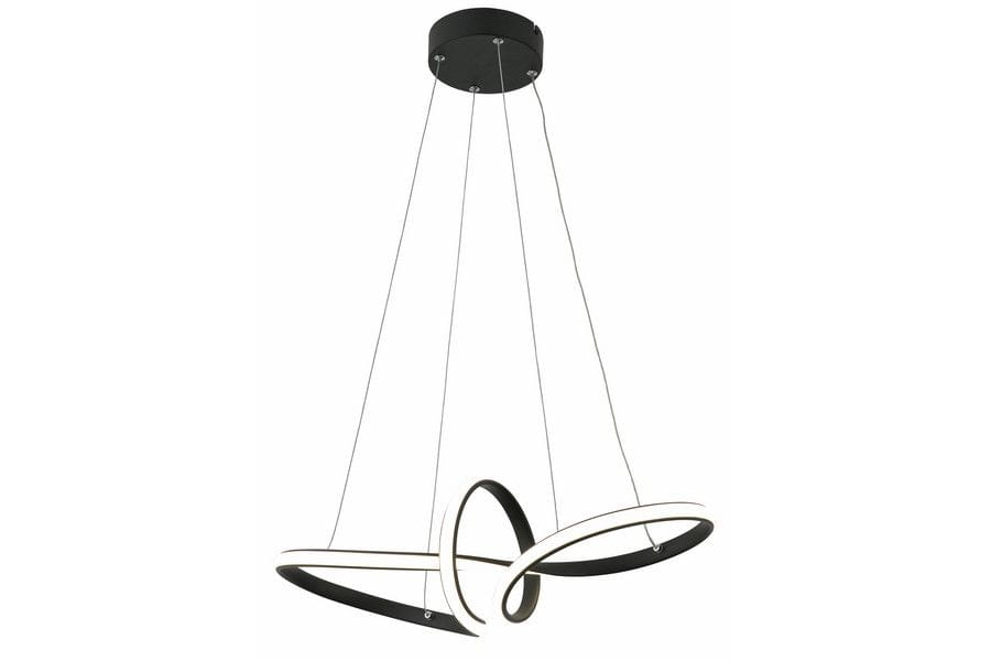 Lampa wisząca Adila w kolorze czarnym z jedną diodą LED o mocy 30W. Ma nowoczesny, asymetryczny kształt z trzema okręgami, zawieszona na cienkich linkach, zamocowana do sufitowego mocowania.