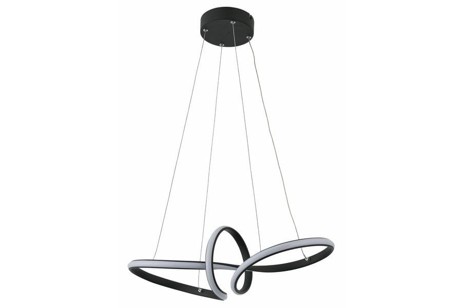 Lampa wisząca Adila 1xLED/30W w kolorze czarnym. Posiada nowoczesny, asymetryczny kształt z elastycznymi pierścieniami. Utrzymana na cienkich linkach, przymocowana do okrągłego, metalowego mocowania. Idealna do eleganckich wnętrz.