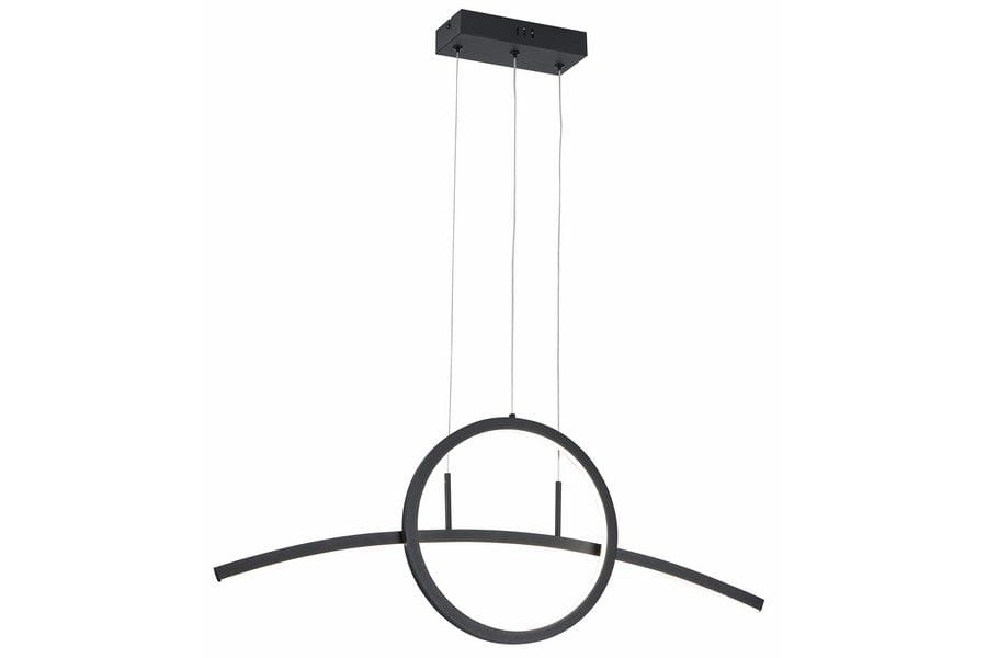 Lampa wisząca Evora w kolorze czarnym z dwoma źródłami LED o mocy 23W. Posiada okrągły kształt z poziomą, cienką belką. Zawieszona na cienkich linkach z sufitem, prezentuje nowoczesny design.