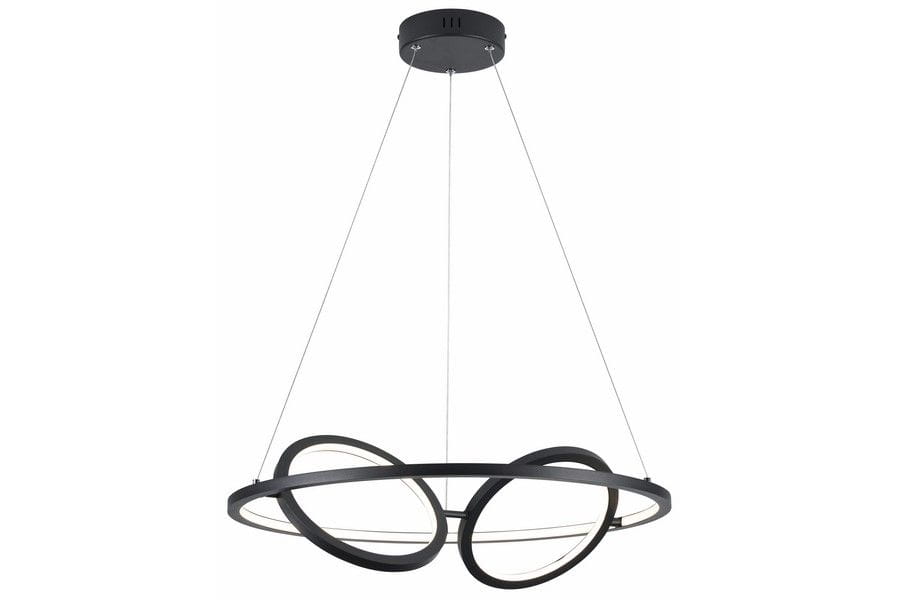 Lampa wisząca Gilian z trzema źródłami LED o mocy 40W, w kolorze czarnym. Posiada nowoczesny design z okrągłymi pierścieniami, zawieszona na cienkich linkach, z metalowym mocowaniem sufitowym.