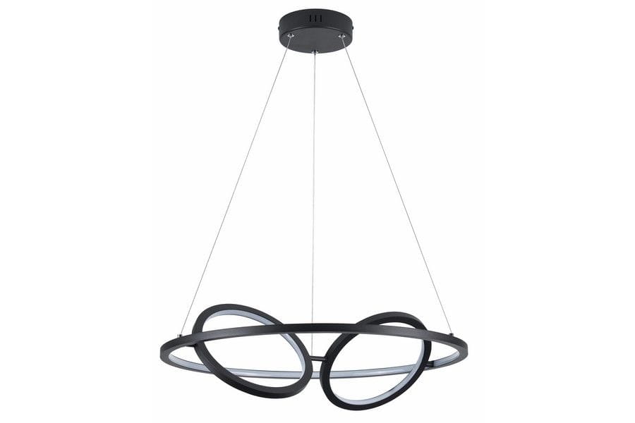 Lampa wisząca Gilian 3xLED/40W w kolorze czarnym, złożona z trzech okrągłych pierścieni w różnej wielkości, zawieszona na cienkich linkach. Elementy metalowe o matowej fakturze. Ujęcie frontalne, na jednolitym tle.