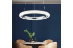 Lampa wisząca Vigo 1xLED/18W w chromowanej oprawie, okrągła, z dekoracyjnym pierścieniem świecącym na biało. Zawieszona nad okrągłym stołem w eleganckim wnętrzu, na tle granatowej ściany.