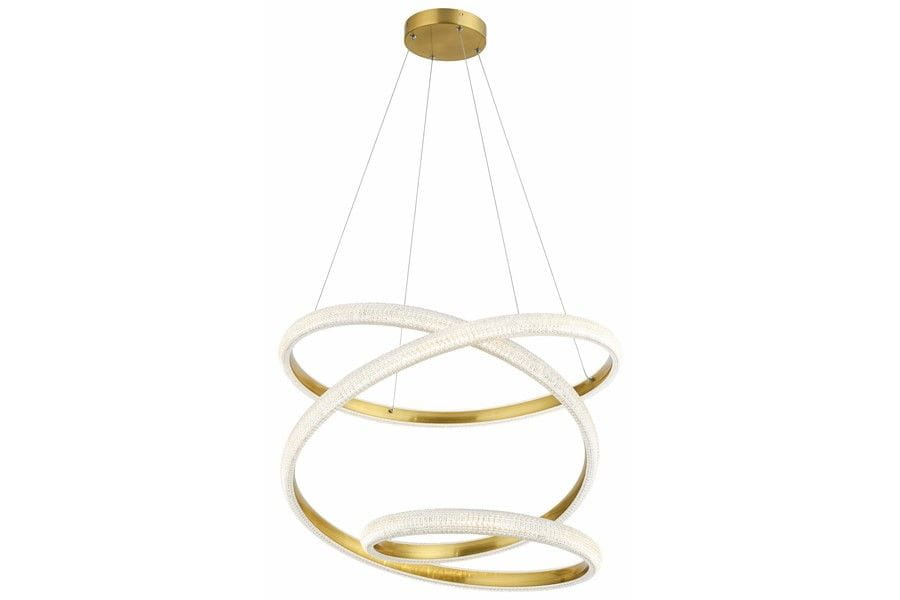 Lampa wisząca Enzo 1xLED/58W w kolorze złotym. Składa się z trzech okręgów w różnej wielkości, z białym wykończeniem, zawieszona na cienkich linkach. Kąt ujęcia frontalny, na jednolitym tle.