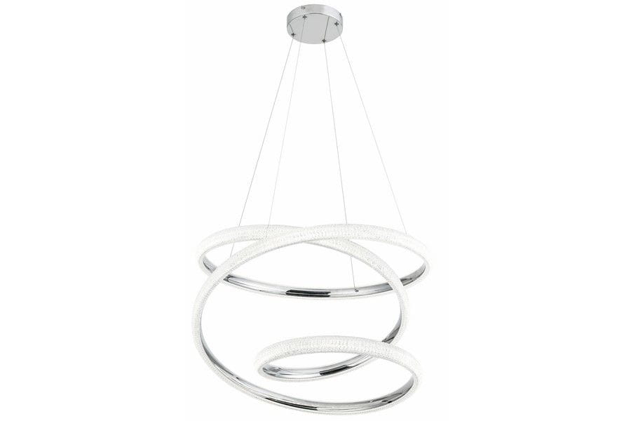 Lampa wisząca Enzo z jedną diodą LED o mocy 58W w chromowanej obudowie. Posiada trzy spirale w różnych rozmiarach, zawieszone na cienkich linkach, z efektem świetlnym w białym kolorze. Stojąca pod sufitem, idealna do nowoczesnych wnętrz.