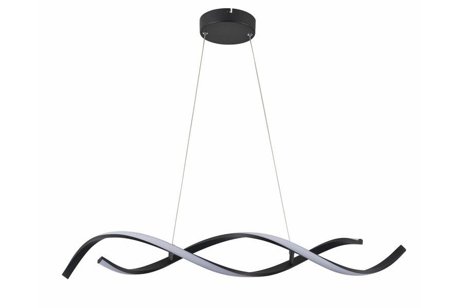 Lampa wisząca Jersey z pilotem, 1xLED/21W, w kolorze czarnym. Okrągły stelaż z sufitu, z dwoma falistymi ramionami w czerni i szarości, zwisająca na cienkich linkach. Nowoczesny design, idealna do aranżacji wnętrz.