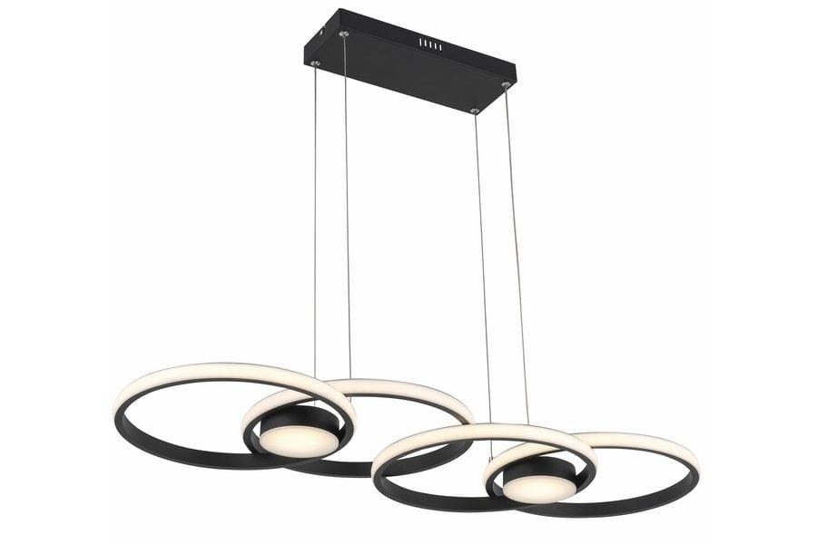 Lampa wisząca Audia z sześcioma źródłami LED, o mocy 48W, w kolorze czarnym. Składa się z trzech okrągłych elementów z białym podświetleniem, zawieszonych na cienkich linkach, montowanych do sufitu. Elegancki, nowoczesny design.