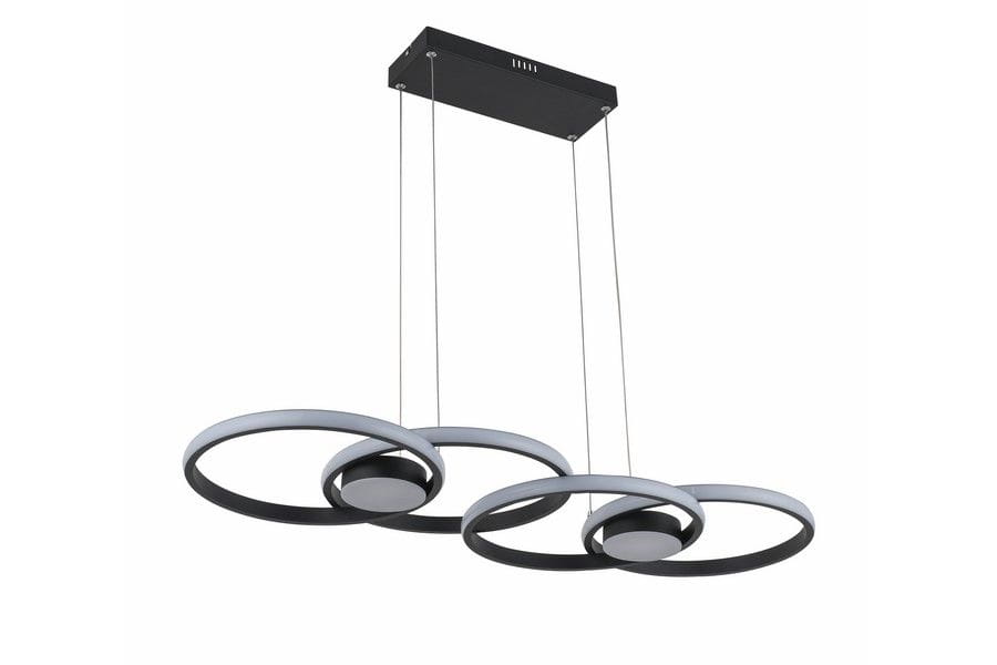 Lampa wisząca Audia, czarna, z sześcioma źródłami LED, składająca się z trzech okrągłych elementów w różnych rozmiarach. Ujęcie z przodu, zawieszona na cienkich linkach z metalowym wspornikiem. Nowoczesny design, idealna do salonu lub jadalni.