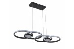 Lampa wisząca Audia, czarna, z sześcioma źródłami LED, składająca się z trzech okrągłych elementów w różnych rozmiarach. Ujęcie z przodu, zawieszona na cienkich linkach z metalowym wspornikiem. Nowoczesny design, idealna do salonu lub jadalni.