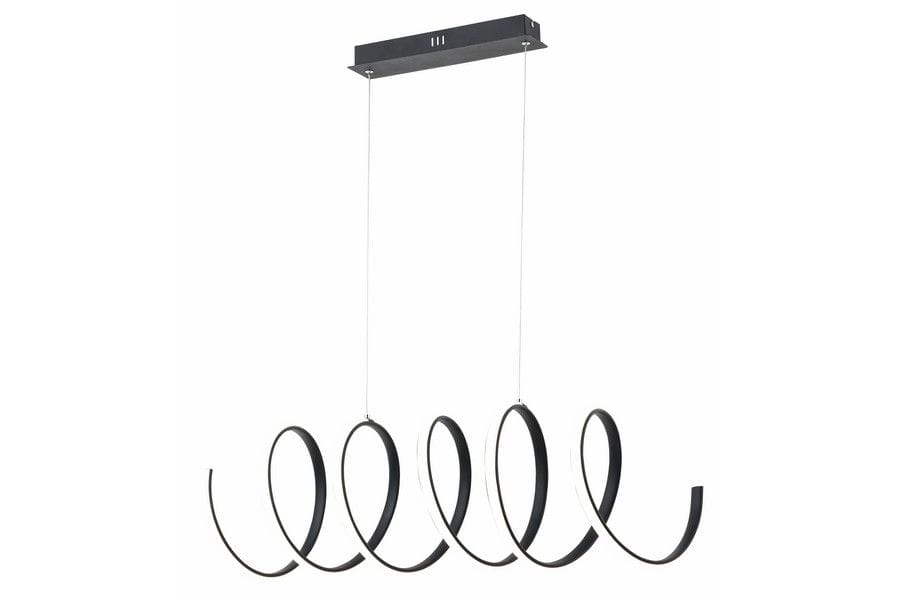 Lampa wisząca Ribbon z jednym źródłem LED, czarna. Posiada pięć stylowych, zakrzywionych pierścieni zawieszonych na cienkim przewodzie, zamontowanych na prostokątnej podstawie sufitowej.