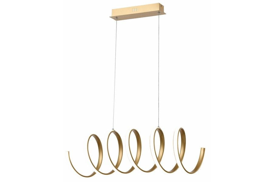 Lampa wisząca Ribbon w kolorze złotym z jedną diodą LED o mocy 40W, składająca się z kilku falistych elementów, zawieszona na cienkich przewodach. U góry znajduje się prostokątna podsufitka w tym samym odcieniu.