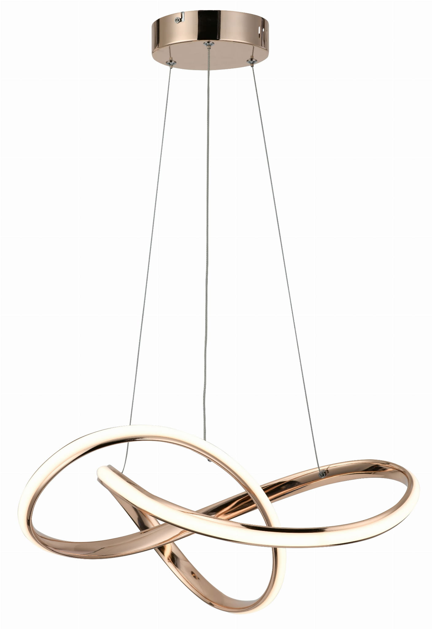 Lampa wisząca Hannah w kolorze różowego złota, z pilotem, z jedną diodą LED o mocy 36W. Ma nowoczesny, zwisający kształt z dwoma splatającymi się pierścieniami. Zawieszona na cienkich linkach, z okrągłą podsufitką.