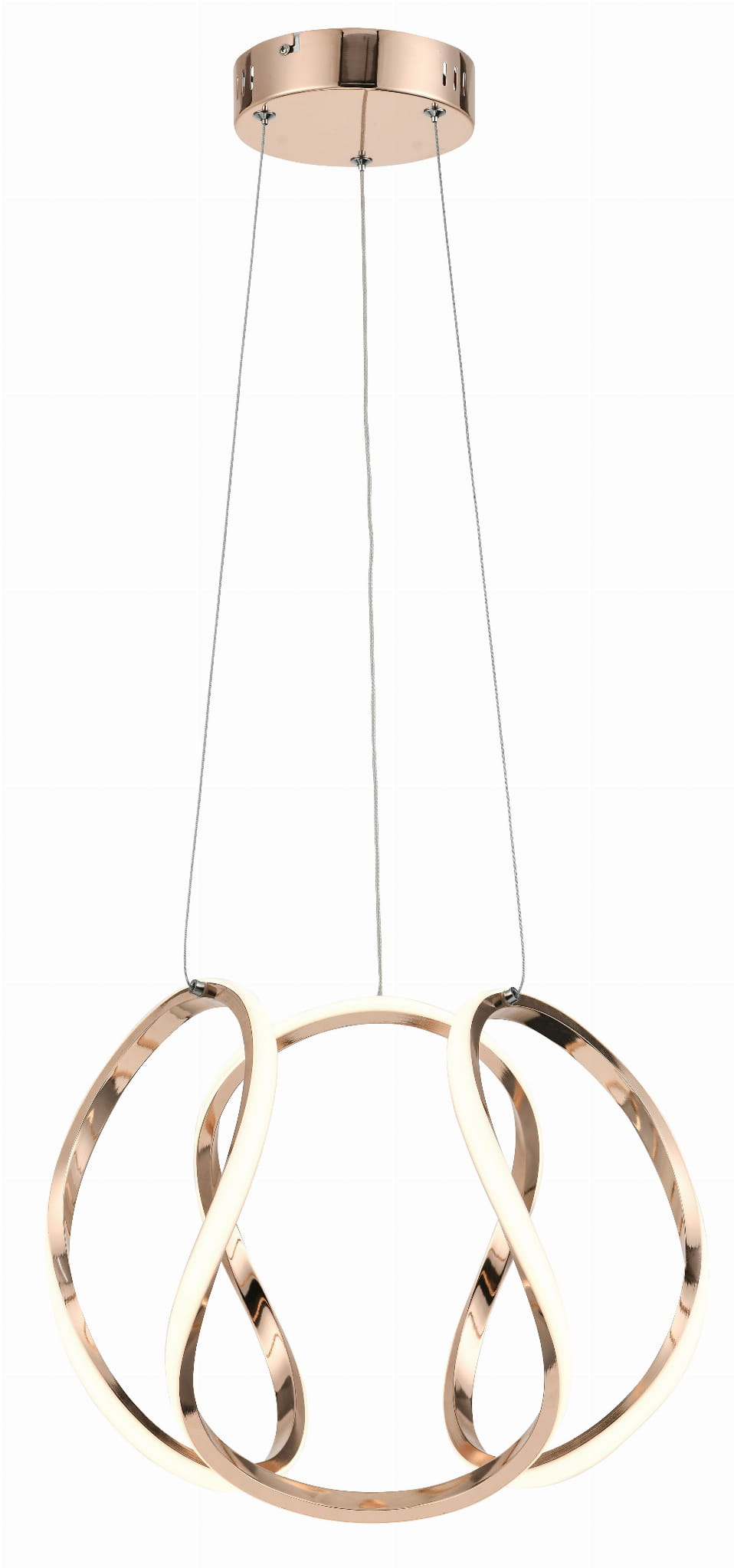 Lampa wisząca Clarence w kolorze różowego złota z pilotem, z pojedynczym źródłem LED o mocy 40W. Ujęcie z dołu, pokazujące okrągłą podstawę oraz stylowe, zakrzywione elementy. Lampa zawieszona na cienkich linkach, na jednolitym tle.