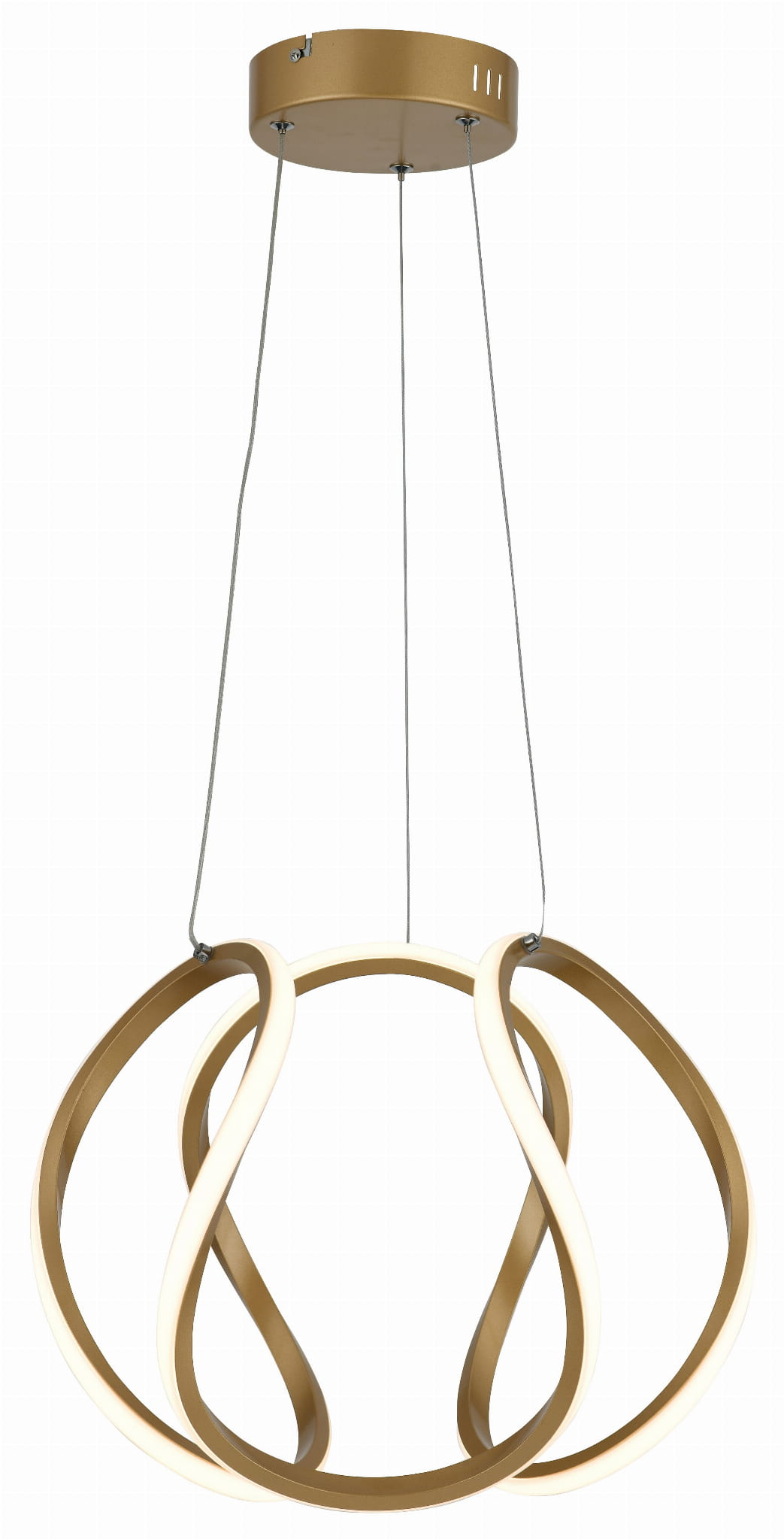 Lampa wisząca Clarence w kolorze złotym z pilotem, z kształtem składającym się z dwóch falujących obręczy LED. Zawieszona na cienkich linkach, montowana sufitowo. Wymiary i detale wykończenia nie są widoczne.