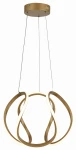 Lampa wisząca Clarence w kolorze złotym z pilotem, z kształtem składającym się z dwóch falujących obręczy LED. Zawieszona na cienkich linkach, montowana sufitowo. Wymiary i detale wykończenia nie są widoczne.