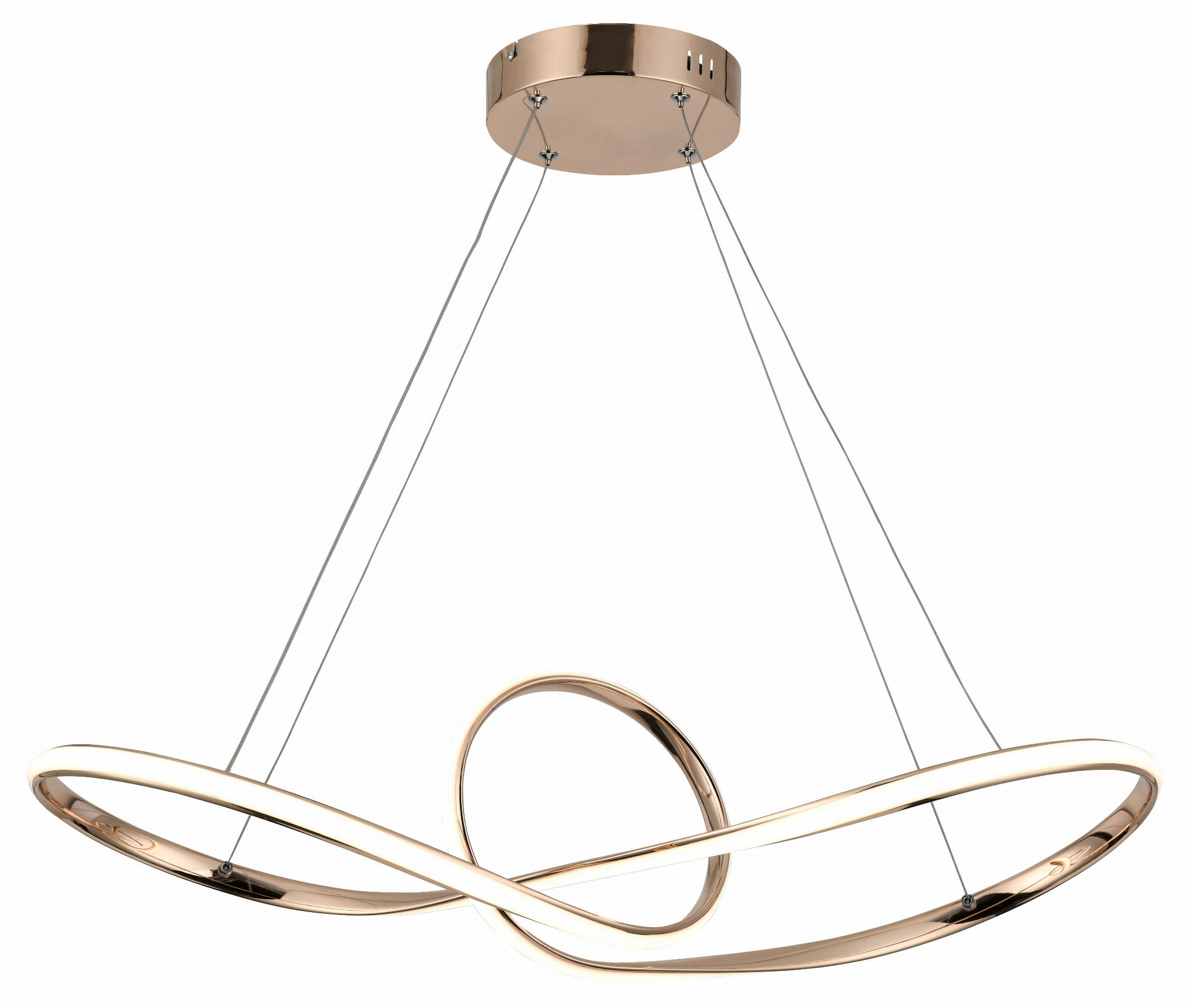 Lampa wisząca Arlena w kolorze różowego złota, z 1 żarówką LED 45W. Posiada nowoczesny, falisty kształt z centralnym okręgiem. Wisi na cienkich linkach, przymocowana do okrągłej podstawy sufitowej. Idealna do eleganckich wnętrz.