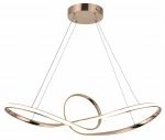 Lampa wisząca Arlena w kolorze różowego złota, z 1 żarówką LED 45W. Posiada nowoczesny, falisty kształt z centralnym okręgiem. Wisi na cienkich linkach, przymocowana do okrągłej podstawy sufitowej. Idealna do eleganckich wnętrz.