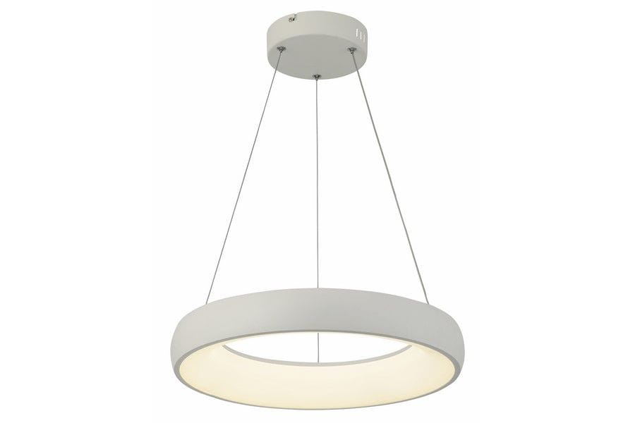 Biała lampa wisząca Lima z jedną diodą LED o mocy 24W. Okrągły kształt, matowa powierzchnia, zawieszona na cienkich żyłkach. Wbudowane oświetlenie emituje miękkie światło, idealna do nowoczesnych wnętrz.