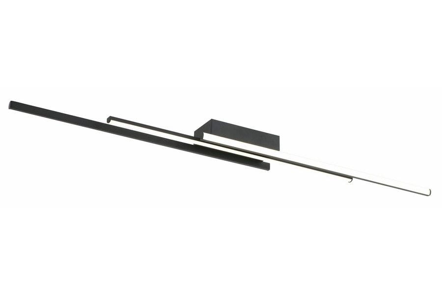 Amaroo lampa sufitowa w kolorze czarnym, z trzema źródłami LED o mocy 24W. Posiada minimalistyczny design z prostokątną podstawą i dwiema poziomymi, cienkimi lampami. Ujęcie z boku, z widocznym montażem sufitowym.