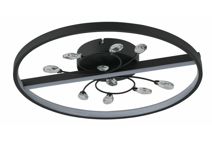 Lampa sufitowa Dacota w kolorze czarnym z pojedynczym źródłem światła LED o mocy 24W. Okrągła konstrukcja z metalowym stelażem oraz dekoracyjnymi kryształkami, umieszczona w centralnej części, z subtelnym podświetleniem.