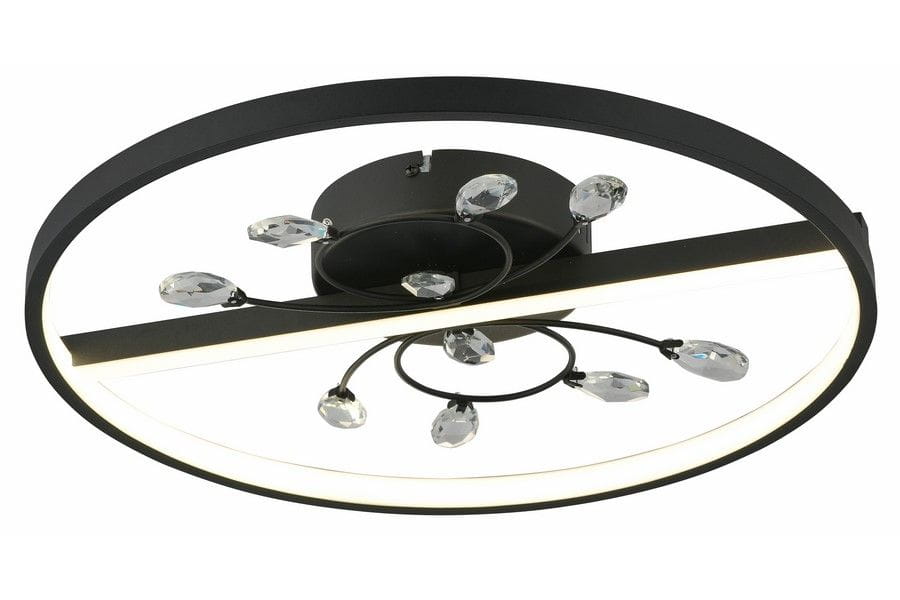 Lampa sufitowa Dacota w kolorze czarnym z jedną żarówką LED 24W. Okrągła konstrukcja z metalowym stelażem i szklanymi dekoracjami w formie kryształków. Zbliżenie na detale, montowana sufitowo, z podświetleniem LED.