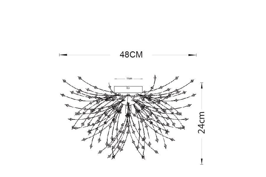 Lampa sufitowa Pearls 3xG9 w kolorze chromu, o wymiarach 48 cm szerokości i 24 cm wysokości. Posiada efektowną konstrukcję z rozgałęziającymi się elementami, przeznaczoną do montażu sufitowego. Uchwyt o szerokości 11 cm.