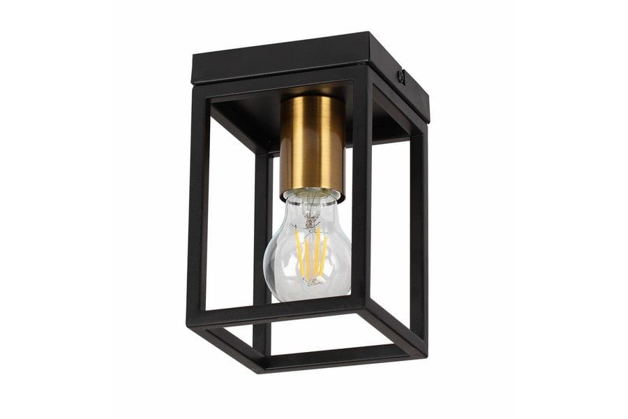 Cage lampa sufitowa w kolorze czarnym z mosiężnym detalem, z pojedynczym gniazdem E27. Produkt w formie prostej, kwadratowej konstrukcji z przezroczystą żarówką, montowany do sufitu, ukazujący elegancki design.